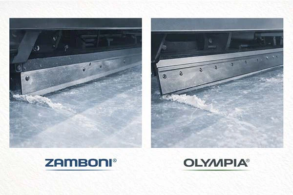 Zamboni and Olympia ice resurfacers side by side in an ice rink - two leading brands compared for replacement blade compatibility by SHJ KNIFE Zamboni and Olympia ice resurfacers side by side in an ice rink - two leading brands compared for replacement blade compatibility by SHJ KNIFE