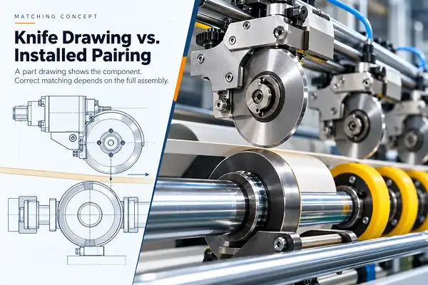 02-slitter-knife-drawing-installed-pairing Engineering diagram comparing a slitter knife drawing with the installed top and bottom knife pairing