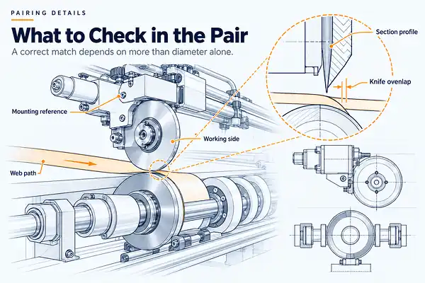 03-slitter-knife-working-edge-pairing-check Technical line drawing showing the working side, mounting reference, web path and knife overlap in a slitter knife pair