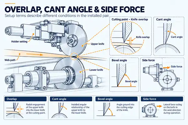 04-slitter-knife-overlap-cant-angle-side-force Technical diagram explaining slitter knife overlap, cant angle, bevel angle and side force