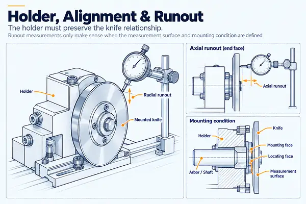 05-slitter-knife-holder-alignment-runout Dial indicator diagram showing radial runout, axial runout and mounting references for a slitter knife holder