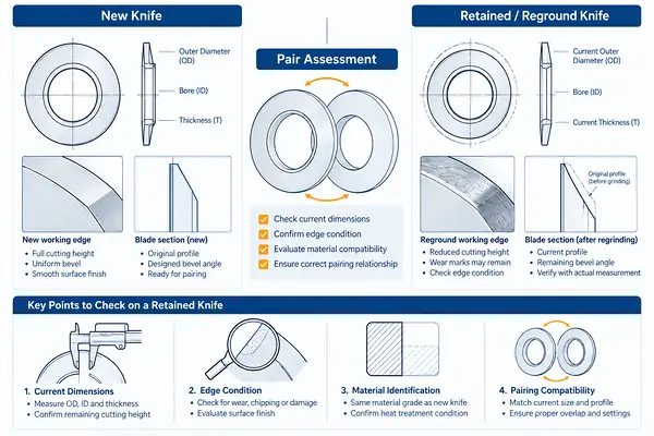 06-new-vs-reground-slitter-knife-pairing Engineering comparison of a new slitter knife and a retained reground knife for pairing assessment