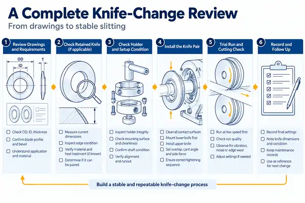 07-slitter-knife-change-review-process Six-step slitter knife change review from drawings and retained knife inspection to trial cutting and records