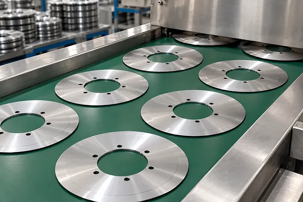 09-industrial-slitter-blade-production-line Circular slitter blades on a production conveyor in an industrial knife manufacturing facility